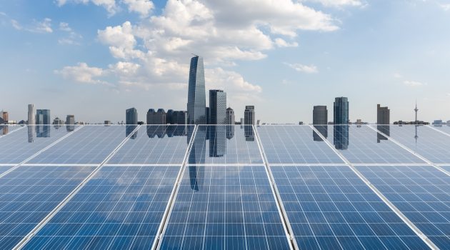 roof solar energy panels reflected modern city skyline